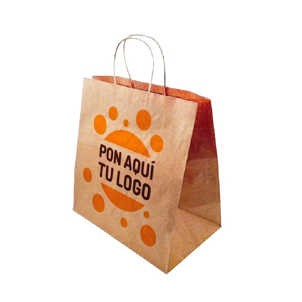 Bolsa de papel Kraft N.º 20, 25; con asa; Gr. 60; 60 g/m². Acabado marrón natural o blanco, personalizable. Equipada con asas resistentes y fabricada en papel Kraft de alto gramaje (blanqueado o sin blanquear), facilita el transporte cómodo de cargas más pesadas mientras mantiene la seguridad alimentaria y el compromiso sostenible.