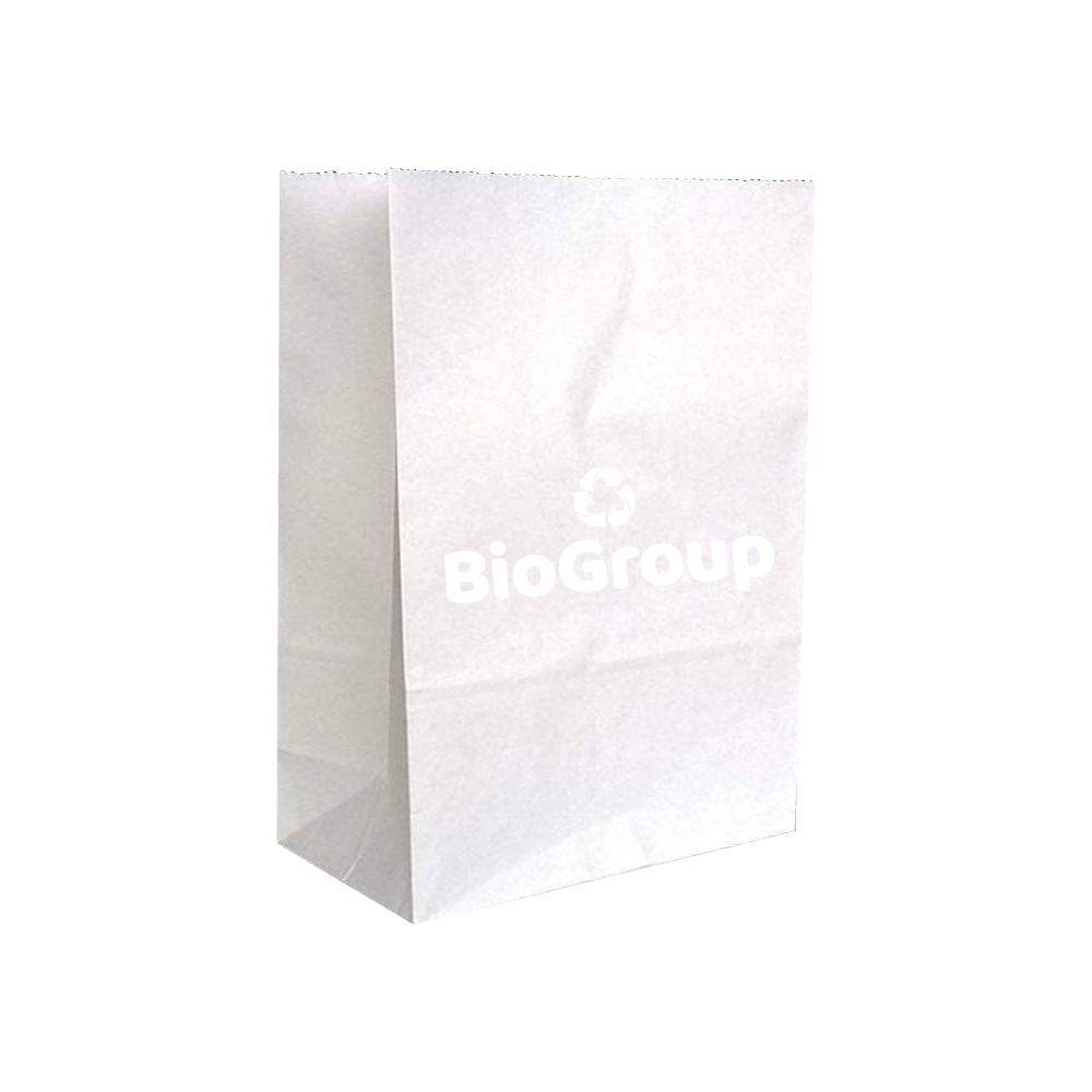 Bolsa de papel Kraft N.º 20, 25; sin asa; Gr. 60; 60 g/m². Disponible en acabado marron natural o blanco y con opción de diseño impreso. El papel Kraft de mayor gramaje ofrece rigidez y protección, siendo una alternativa ecológica y segura para productos voluminosos cuando no se requiere asa.