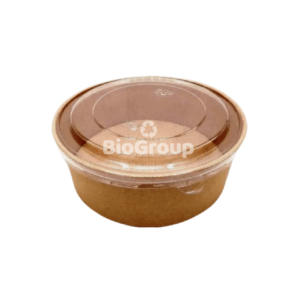 Bowl kraft laminado interior PLA 750, 1000, 1300 ml + tapa PET transparente. Antifugas, apto microondas (sin tapa) y refrigeración. Bowl compostable en planta industrial, tapa PET reciclable. Alternativa al tecnopor que cumple Ley 30884. Empaque: caja sellada de 600 und protegidas con bolsa.