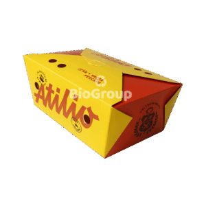 Contenedor de cartón Foldcote calibre 18, gran tamaño. Personalizable. Caja 56.2x50.5x37.3 cm x 250 und. Medidas aprox.: 21.1 × 14.2 cm (boca) / 19 × 12.5 cm (base) / 8.3 cm (altura). Ideal para alimentos calientes o fríos. Formato trapezoidal. Apto para delivery y presentación directa al cliente.