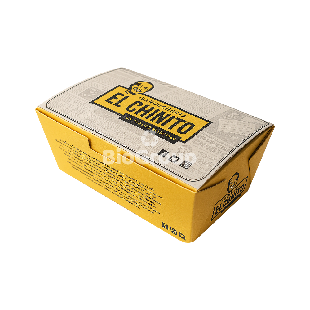 Contenedor de cartón Foldcote calibre 18, tamaño XL. Personalizable. Caja 56.2x50.5x37.3 cm x 250 und. Medidas aprox.: 22.5 × 13.5 cm (boca) / 22.5 × 10.5 cm (base) / 9.6 cm (altura). Ideal para alimentos calientes o fríos. Formato trapezoidal. Apto para delivery y presentación directa al cliente.