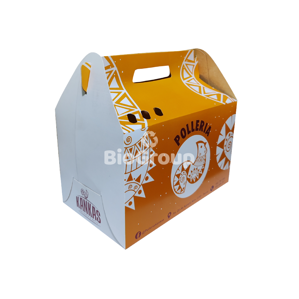 Contenedor tipo lonchera de cartón Foldcote calibre 18, gran tamaño. Personalizable. Pack x 100 und. Apto para delivery y presentación directa al cliente.