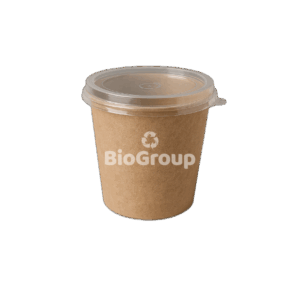 Tubo kraft laminado interior PLA; Capacidad 8, 12, 16, 32 Oz + tapa PET transparente. Antifugas, apto microondas (sin tapa) y refrigeración. Caja de 500 und.