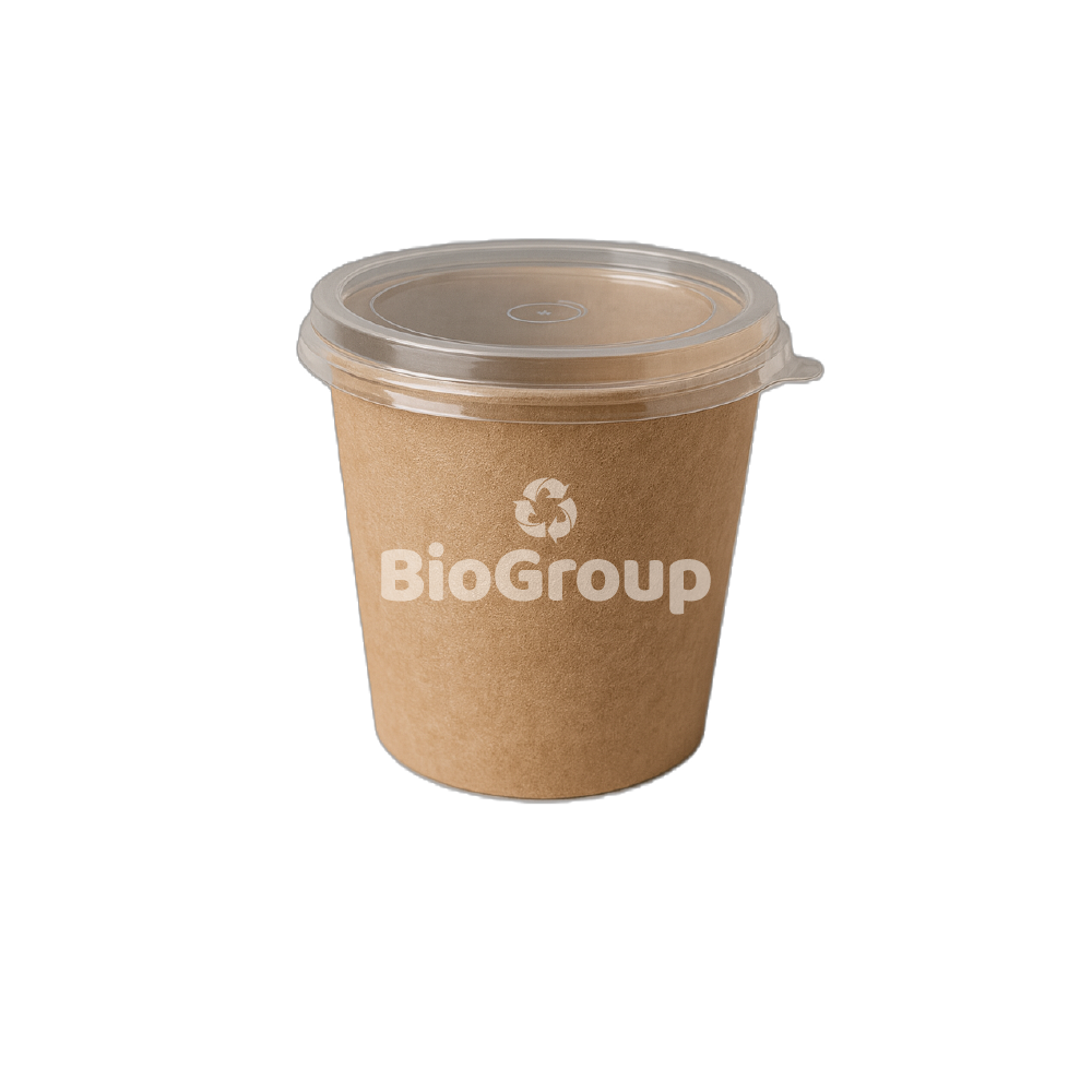 Tubo kraft laminado interior PLA; Capacidad 8, 12, 16, 32 Oz + tapa PET transparente. Antifugas, apto microondas (sin tapa) y refrigeración. Caja de 500 und.